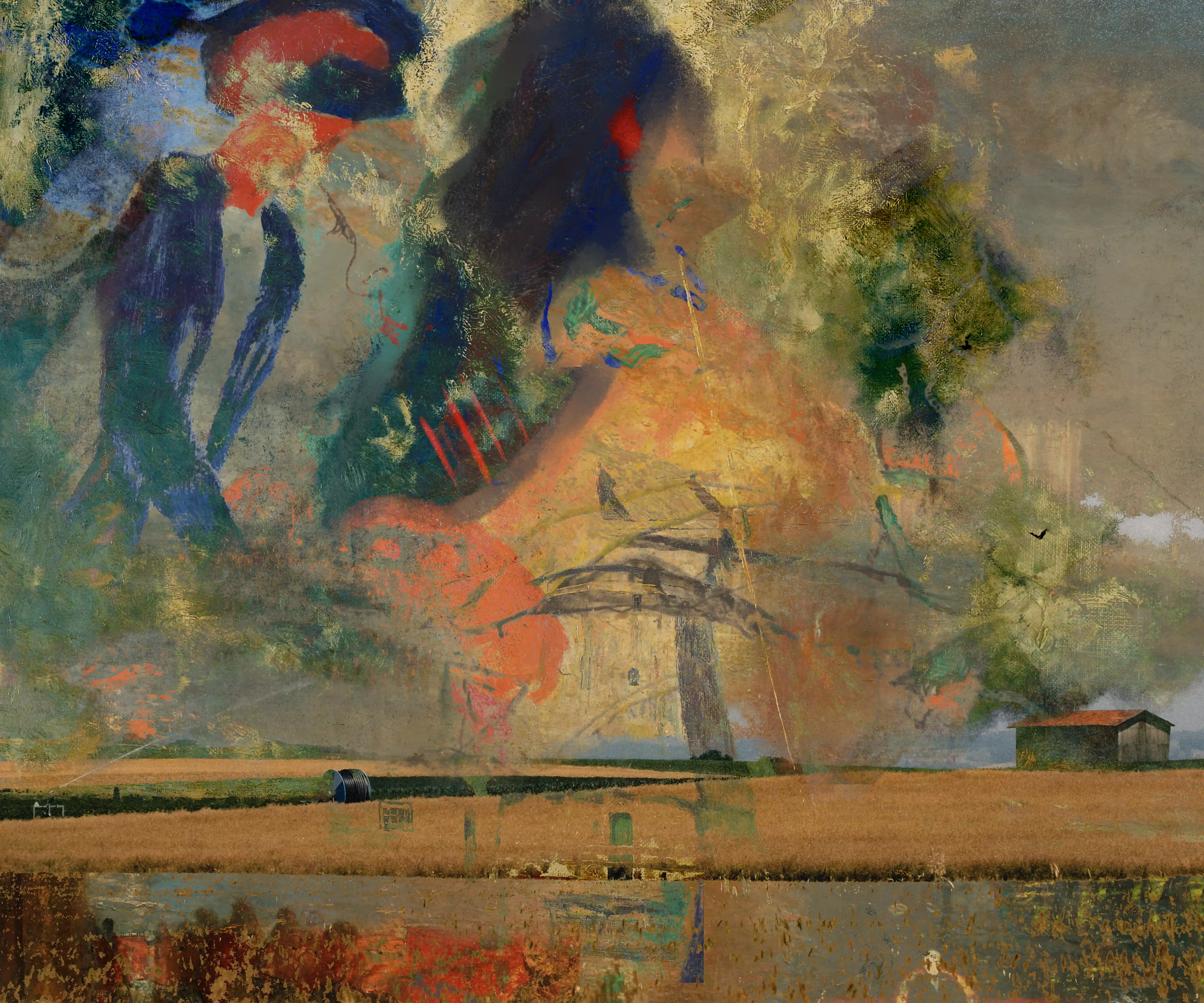 Dreamlike digital collage of overlapping blue and orange human figures, interlaced with a photograph of Switzerland and layered over a muted landscape, with a small distant figure and windmill-like structure below.